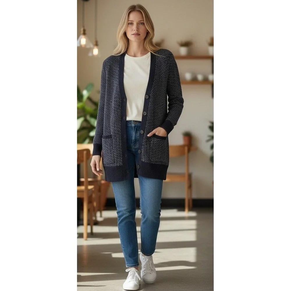 Madewell‎ Womens Navy Blue White Birds Eye Knit Button Front Cardigan Sweater XS